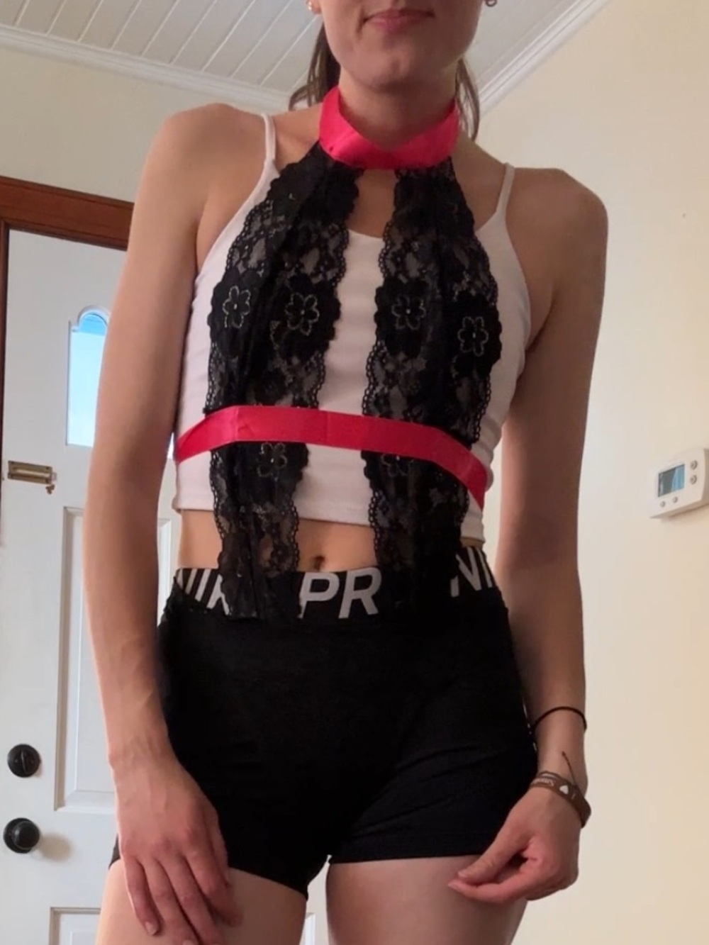 Amazon Black Lace and Hot Pink Ribbon Halter Lingerie Bodysuit